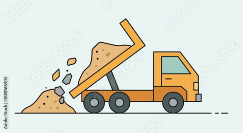 Artistic Dump Truck Unloading Construction Materials In Simple Flat Style