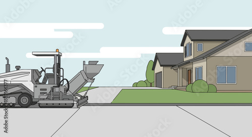 Asphalt Paver Working On Driveway Next To Modern Home Illustration