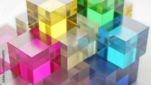 Close-up of translucent, colorful, stacked cubes in a digital art composition. Cubes create a 3D effect