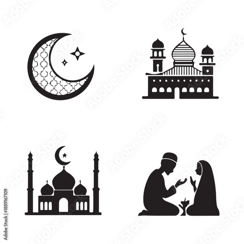 Set of Four Ramadan Silhouette Icons with Islamic Symbols.