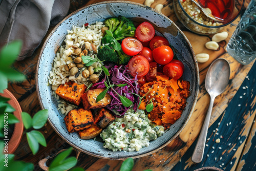 A vibrant Buddha bowl filled with roasted vegetables, grains, and fresh greens, perfect for a nutritious and colorful meal.