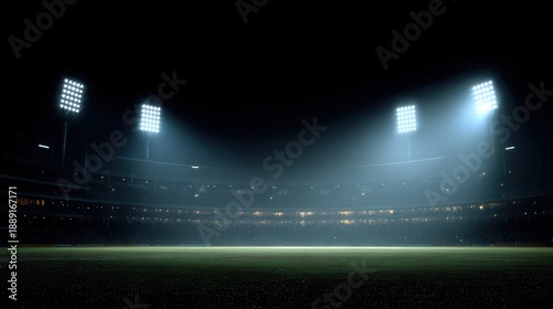 Empty stadium at night with bright floodlights illuminating the green grass field