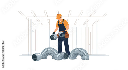 Construction worker in hard hat and overalls assembling flexible ventilation ducts in a building under construction, with tools and materials scattered around.