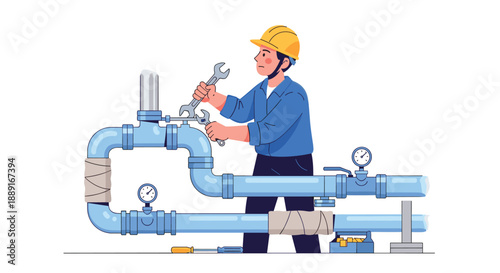 A plumber wearing a hard hat, using two wrenches to tighten a connection on a blue pipe system with pressure gauges, symbolizing plumbing work and maintenance.