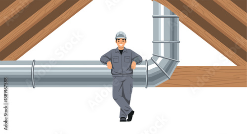 Happy male construction worker in grey uniform leaning against large metal ventilation pipes in an attic with wooden beams.