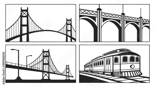 Four panel collage depicting bridges and a tram in a stark graphic silhouette high quality professional