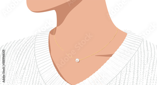 A close-up view of a person's neck and shoulder, highlighting a fine gold chain necklace with a solitary pearl, representing understated luxury and timeless style.