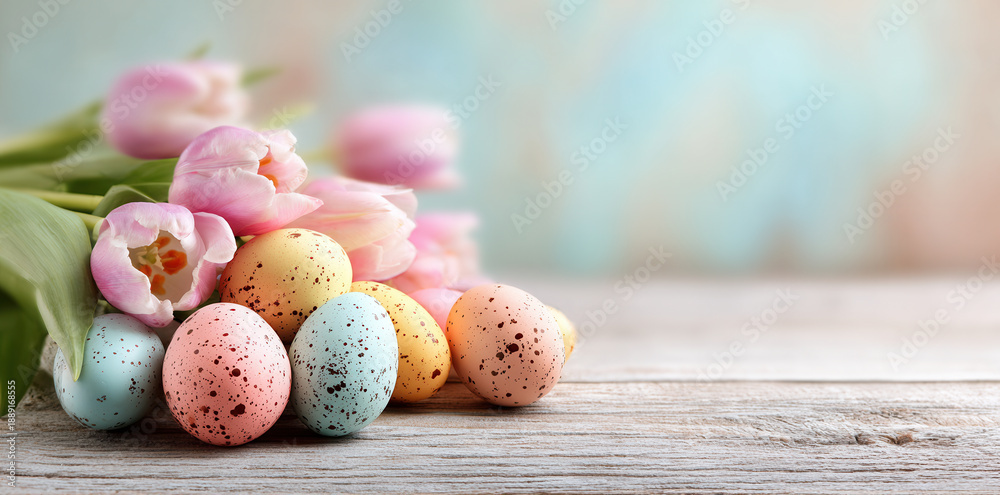 Obraz premium Spring flowers and decorated eggs arranged on a wooden table with a soft background and natural light during Easter time