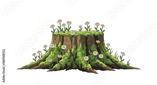 An old tree stump covered in lush green moss and adorned with numerous small white daisies, representing nature's resilience, the beauty of renewal, and a whimsical fo...