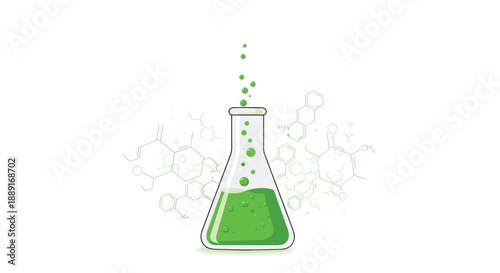 A laboratory flask filled with bubbling green liquid, emitting small green bubbles, set against a backdrop of molecular structures, symbolizing scientific research and...