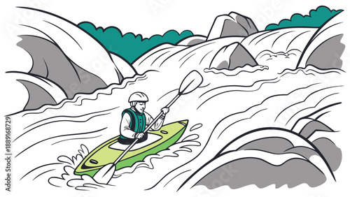 Kayaker navigates turbulent waters amidst rocky terrain depicted in a striking silhouette high quality professional detailed