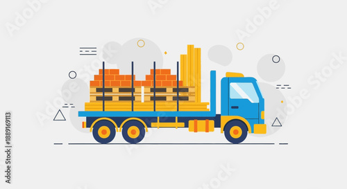 Blue Flat Design Truck Delivering Construction Materials On White Background