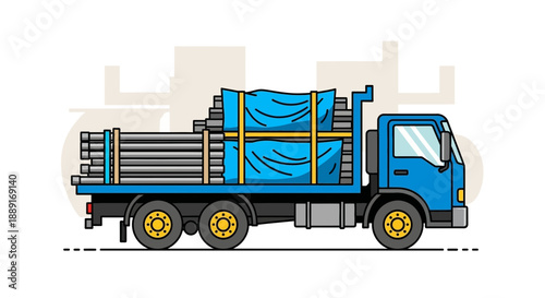 Blue Flatbed Truck Carrying Construction Materials And Wrapped Load