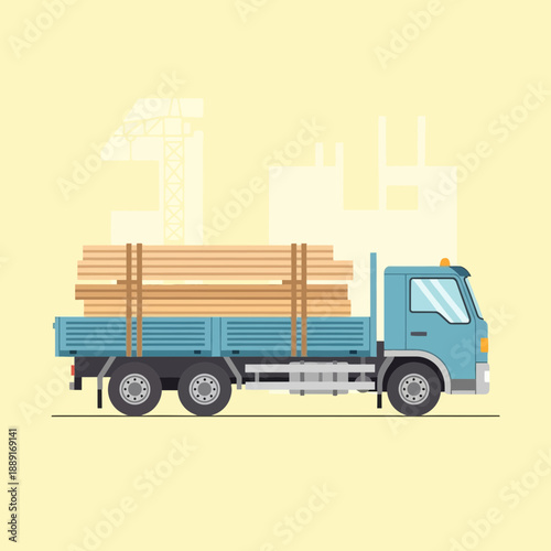 Blue Flatbed Truck Delivering Lumber At Construction Site Scene