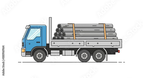 Blue Flatbed Truck Transporting Metal Pipes On White Background