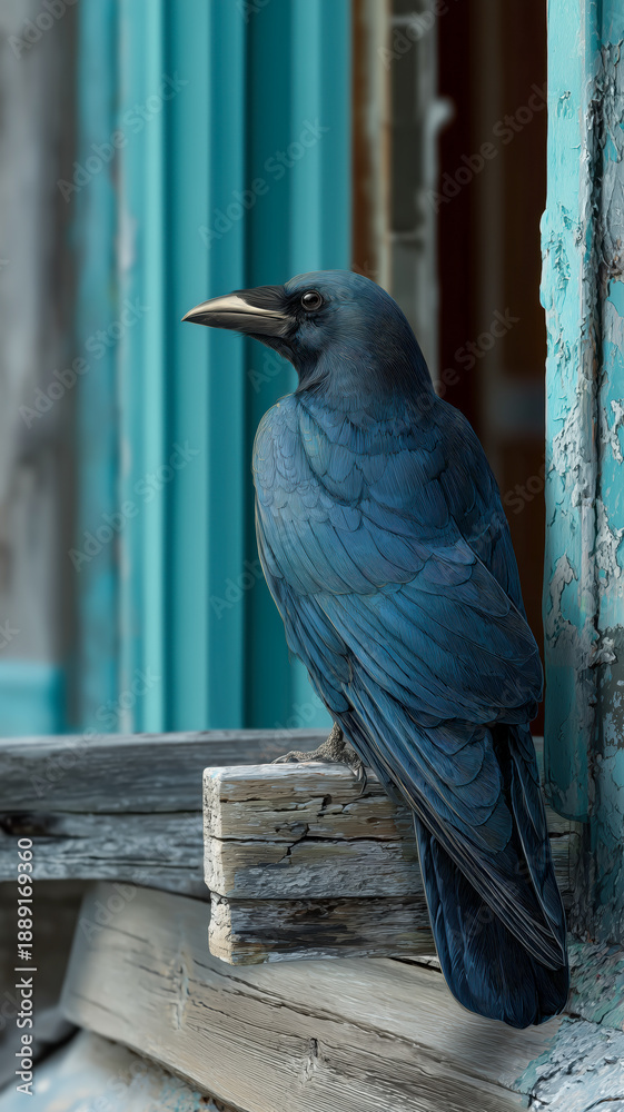 Obraz premium Blue Raven Perched on Weathered Wood Frame, Dramatic Bird Portrait