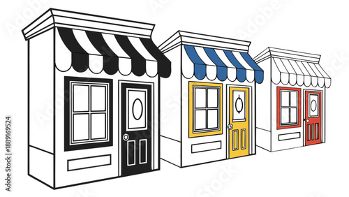 Colorful storefronts with awnings and doors are depicted in a striking silhouette high quality professional detailed