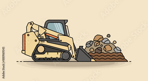 Bobcat Skid Steer Loader Moving Rocks and Soil on Construction Site