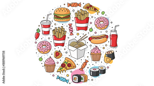 Circular arrangement of various fast food and treats including burgers, pizza, donuts, sushi, and soda drinks.