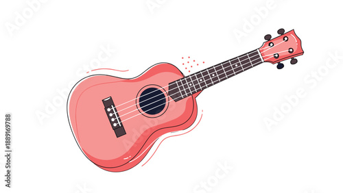 Coral pink ukulele or small four string guitar with a dark fingerboard and tuning pegs isolated on a plain white background.