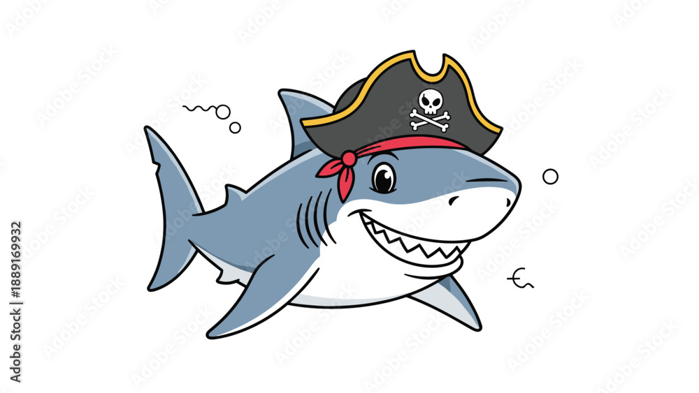 Fototapeta premium Playful cartoon shark wearing a black pirate hat with a skull and crossbones, smiling happily with sharp teeth in an underwater adventure theme.