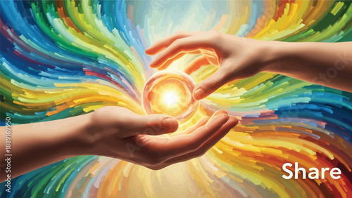 Two hands delicately cupping a radiant glowing orb emanating bright yellow and orange light against a vibrant swirling backdrop of multicolored artistic energy streams symbolizing creation or sharing.