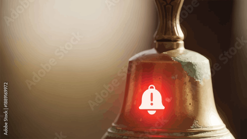 Ancient tarnished bronze handbell features a glowing digital notification icon signaling an urgent alert or important system warning in a close up view