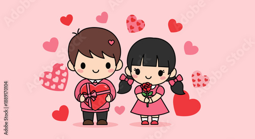 Cute cartoon boy and girl with hearts and flowers