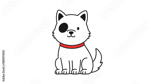 Cute white puppy with a distinctive black patch over one eye and a bright red collar sitting and looking forward with a friendly expression.