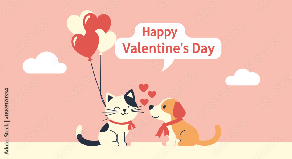 Fototapeta premium Cute cat and dog with balloons and Valentine's Day message