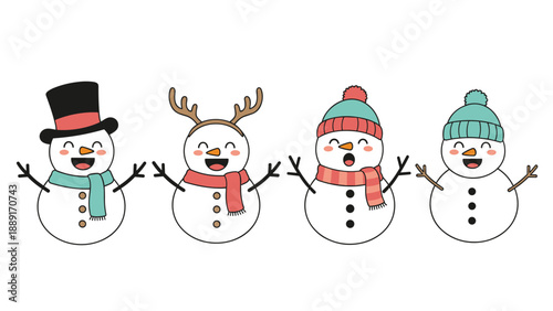 Four charming snowmen wearing various winter hats and scarves, expressing different happy emotions in a row for a festive holiday greeting.