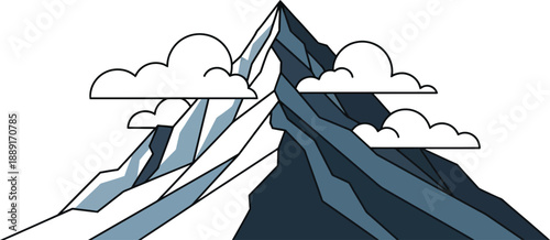 Minimalist illustration of a sharp, snow-capped mountain peak rising above stylized white clouds against a pale blue sky symbolizing achievement and high goals.