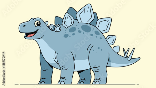 Friendly blue stegosaurus dinosaur with large plates along its back, standing and smiling on a simple yellow background for children.