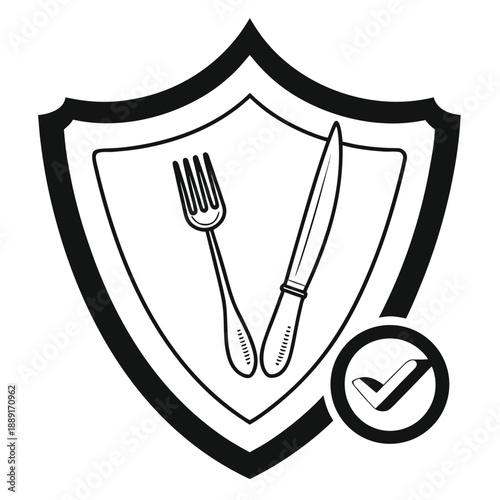 A black shield emblem displays cutlery a fork and knife with a checkmark silhouette high quality