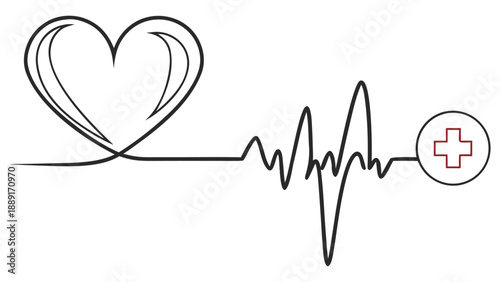 A heart shaped electrocardiogram with a medical cross rendered as a stark silhouette high quality professional