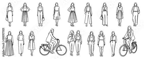 Set of Stylish Outline People Woman in Various Poses, Such as Standing, Walking, Talking, and Using Phone Vector Illustration Isolated.