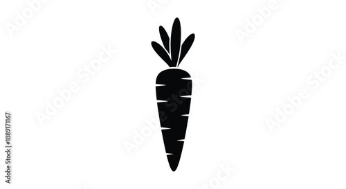 A simple black silhouette of a carrot with green leafy tops