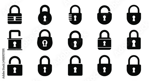 Collection of black padlock icons in various styles and orientations
