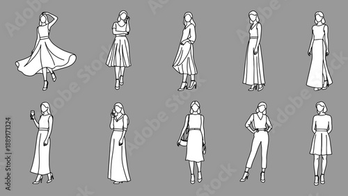 Fashionable female figure templates for design illustrations and dress collection showcases in diverse poses and elegant apparel.