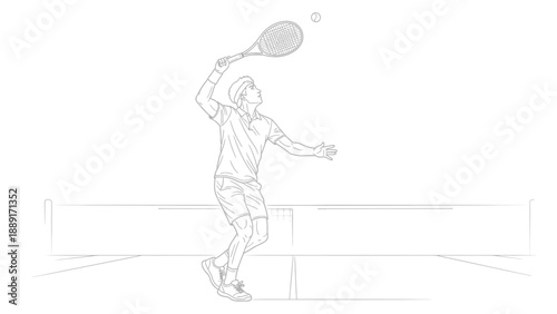 Outline drawing of a focused male tennis player executing a powerful overhead serve motion preparing to strike the ball above the net on a court