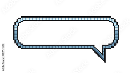 Blue and white pixel art speech bubble with a black outline isolated on a plain white background for retro gaming and chat interface designs.