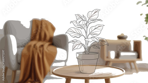 Outline drawing of a houseplant sitting on a small wooden accent table contrasted against a soft focus living room interior featuring a cozy armchair with a throw blanket