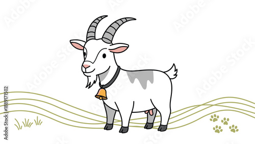 Friendly cartoon goat with grey patches and a small yellow bell on its collar standing on a field with grass and paw prints for farm themes.