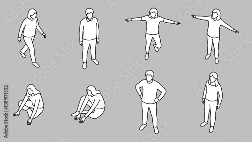 Isometric line art drawing people in different poses, standing, sitting, and walking, outline vector illustration on a grey neutral background.