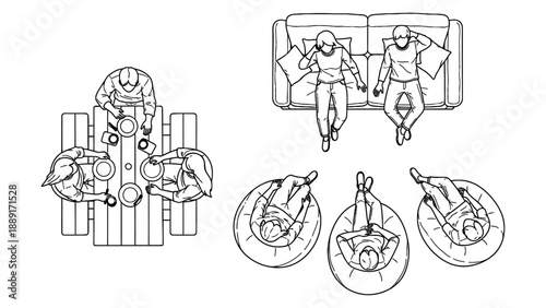 Overhead angle drawing set showcasing human interaction on sofa, beanbag, and dining table layout ideal for architecture, interior designs.