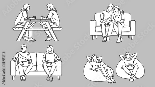 Isometric line art drawing people on a sofa in love or in a conversation outline vector illustration on grey neutral background.