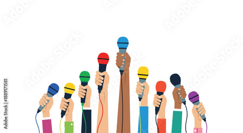 Multiple hands holding colorful microphones of various types, symbolizing a press conference, media event, or public announcement.