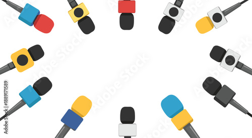 A circular arrangement of various types of microphones, suggesting a media scrum, interview panel, or a conference for journalists.
