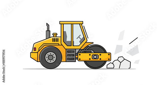 Bright Yellow Steamroller Compacts Rocks for Construction Projects