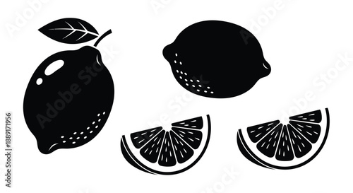 Black and white illustration of whole and sliced lemons and a leaf
